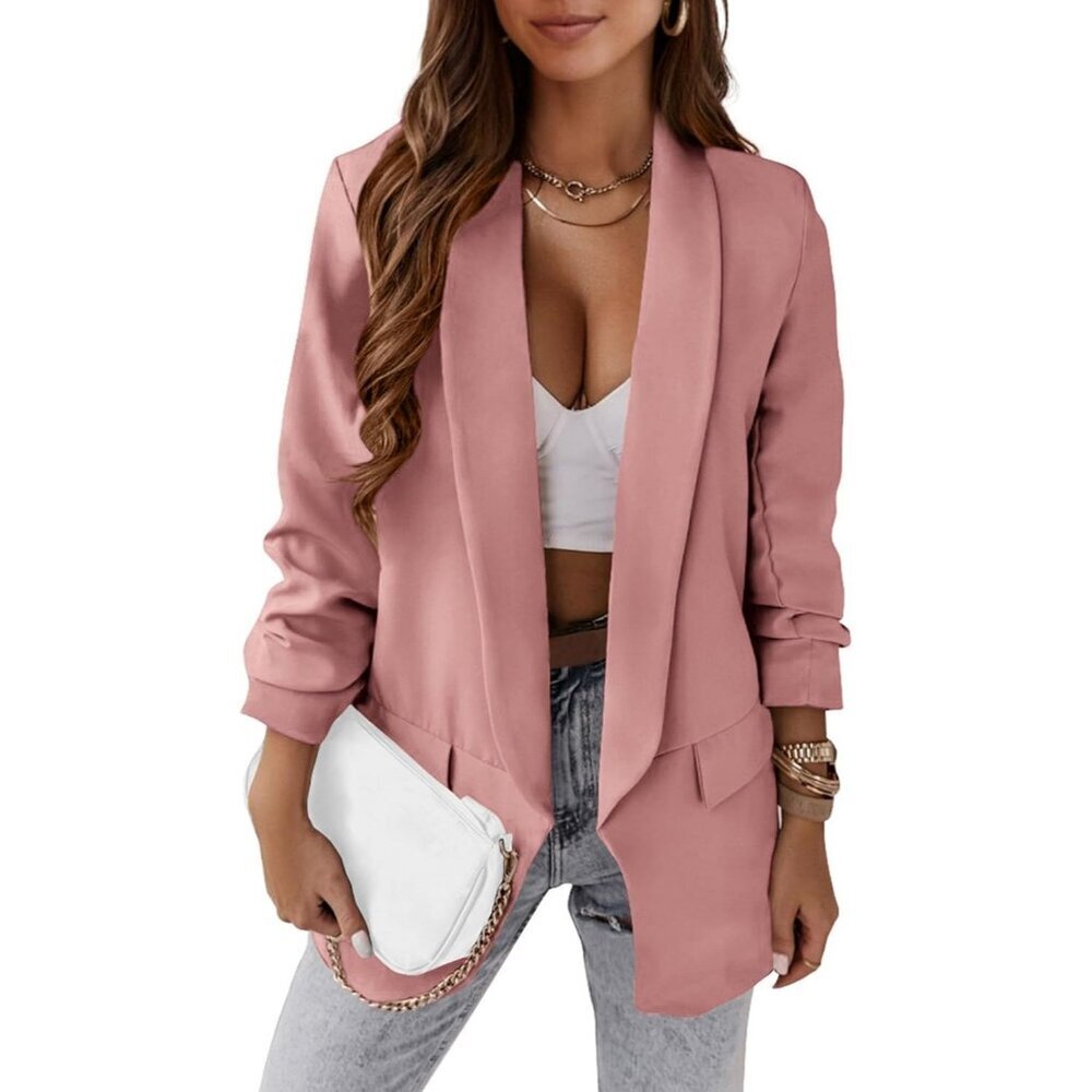 Women's Pink Casual Blazer Spring Fall Fashion Long Sleeve Open Front Work